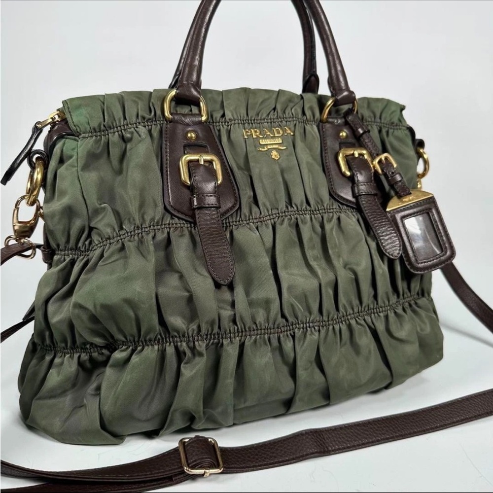 PRADA Gathered Two Way Nylon Tote Shoulder Bag Khaki Green Authentic